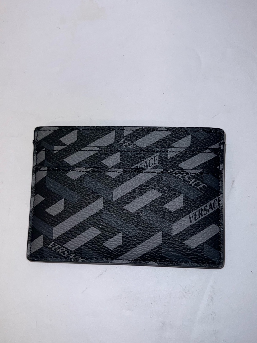 Versace Black & Gray Geometric Pattern Card Holder